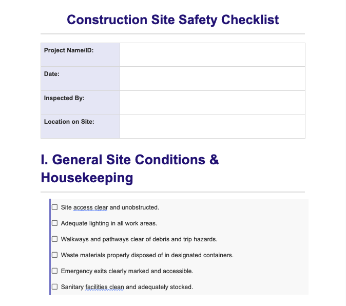 Construction Safety Checklist Template Preview